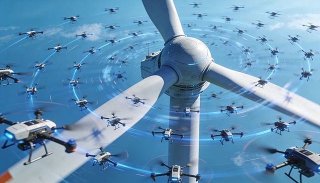 Drone swarm inspecting wind turbine blades with blue sensor trails for maintenance