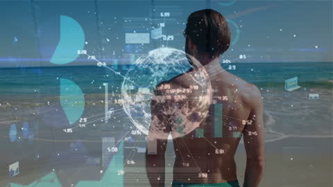 Digital Globe and Data Overlay on Man at Beach