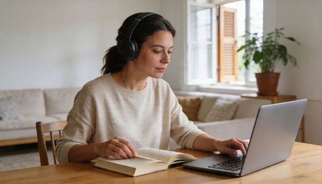 Focused woman studying and typing on laptop with open book and headphones at home