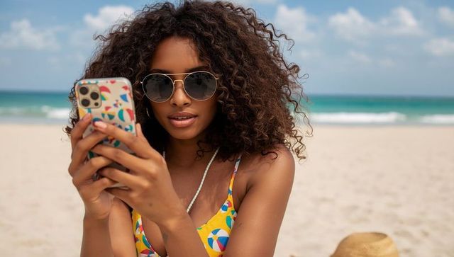Woman enjoying beach day with smartphone and sunglasses