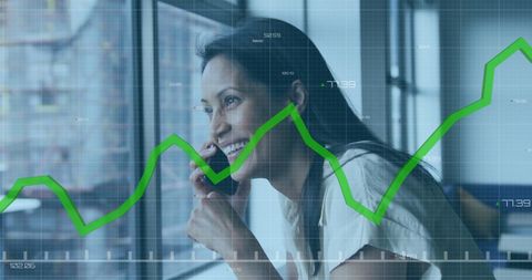 Businesswoman Analyzing Graphs on Phone with Digital Overlay