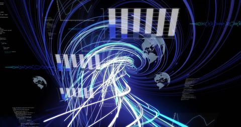 Digital data streams encircling globe in dark virtual environment
