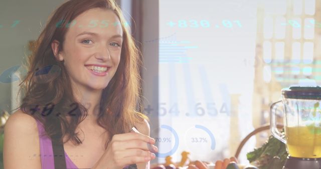 Smiling Woman Using Blender in Healthy Kitchen with Digital Data Overlay - Download Free Stock Images Pikwizard.com