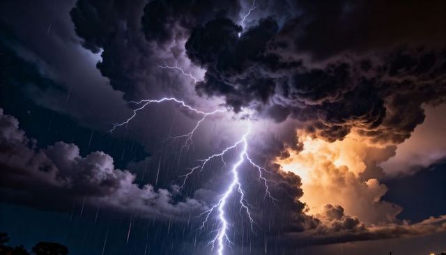 Forked lightning striking cumulonimbus storm at dusk over rural horizon lighting rain shafts