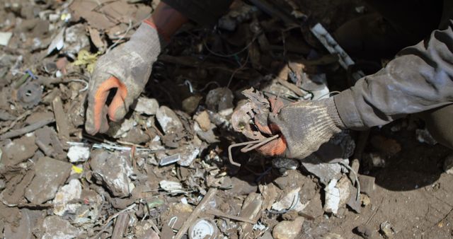 Depicts gloved hands sorting through piles of muddy debris, suggesting themes of recycling, environmental cleanup, and waste management. Useful for illustrating environmental initiatives, the impact of natural disasters, or manual labor in harsh conditions.