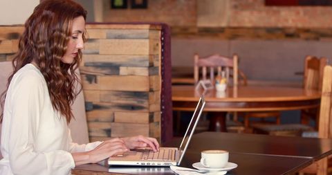 Professional young woman using laptop in coffee shop