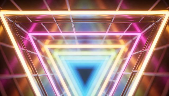 Neon triangular tunnel with mirrored reflections and vibrant chromatic light layers, depth