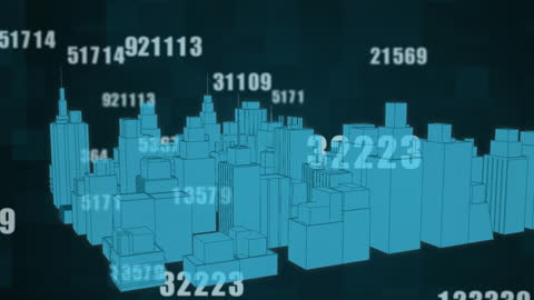 Digital Cityscape with Floating Data Visualization Numbers