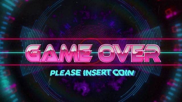 Perfect for video game enthusiasts and retro gaming projects, this dynamic design evokes nostalgia with its arcade-style 'Game Over' screen. Vibrant neon colors enhance its old-school gaming appeal. Useful for illustrating topics related to gaming history, digital culture, or themed designs for posters, websites, and video presentations.