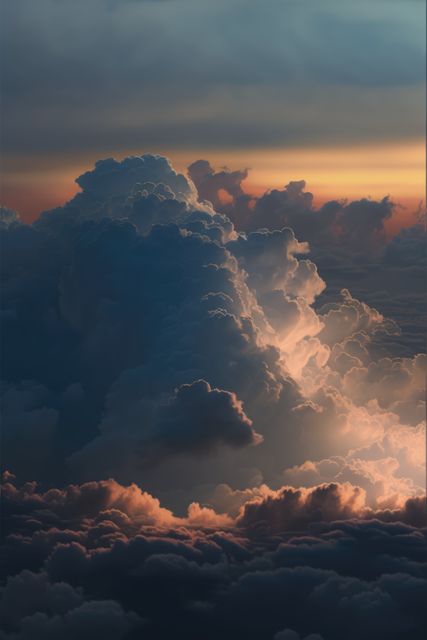 Depicts dramatic clouds at sunset with a mix of warm and cool tones. Suitable for use in backgrounds, nature-themed designs, tranquil scene posters, atmospheric content, and scenic visuals.
