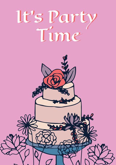Design emphasizes 'It's Party Time' with a decorative tiered cake and flowers on a pink background. Ideal for invitations, greeting cards, and event promotions.