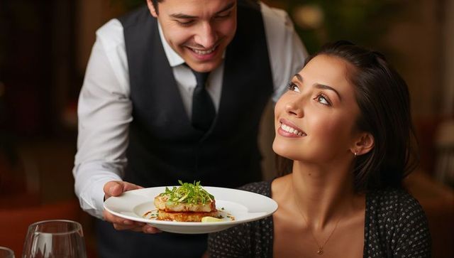 Smiling woman receiving gourmet dish from attentive waiter in warm fine dining restaurant