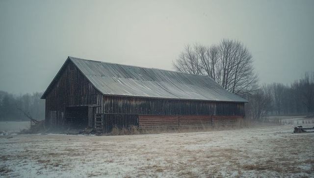 Weathered wooden barn standing in snowy pasture with corrugated metal roof and misty trees