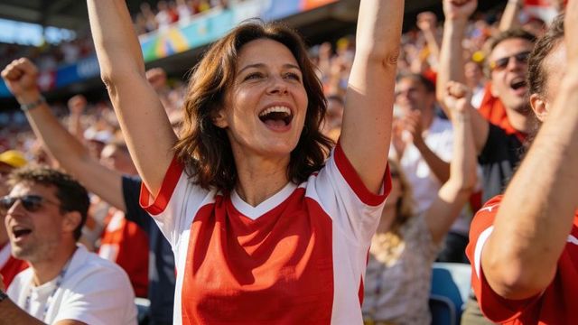 Female soccer fan cheering and raising arms in stadium crowd wearing red jersey