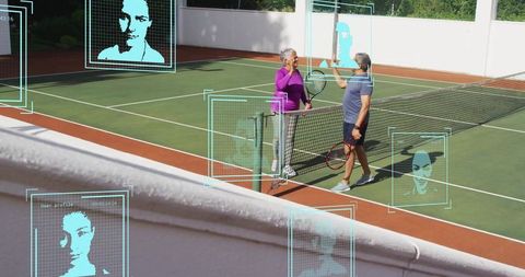 Senior Friends Shaking Hands at Outdoor Tennis Court with Digital Overlay