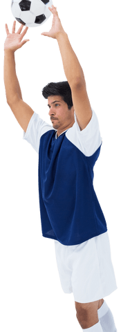 Caucasian Male Football Player Jumping with Ball on Transparent Background