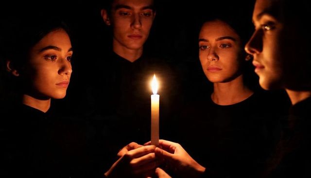 Youth gathering around candlelight vigil holding taper candle in dark intimate ceremony