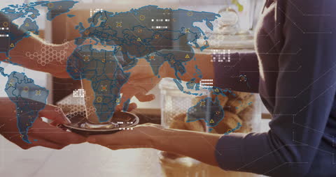 Global Data Processing Overlay with Hands Holding Coffee Cup