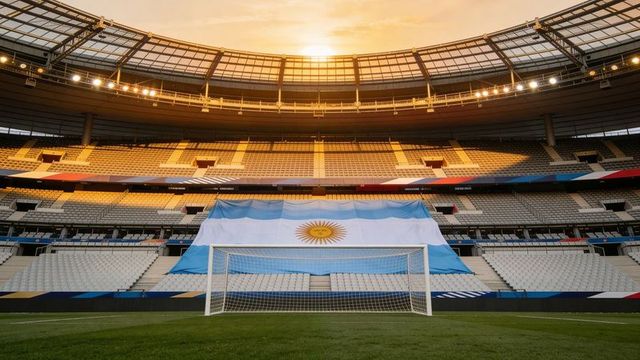 Argentina flag draping behind football goal in empty stadium at sunset