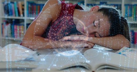 Teen Girl Relaxing in Library with Book and Digital Data Overlay