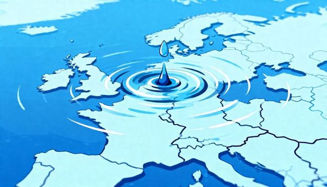 European map showing water drop creating ripples across coastlines and seas