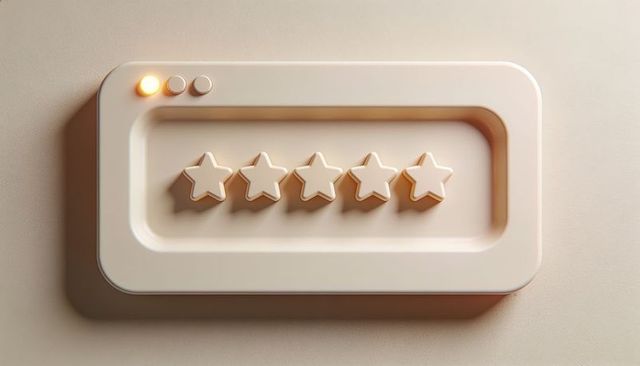 Minimalist beige five-star rating plaque with controls and amber accent for ux feedback