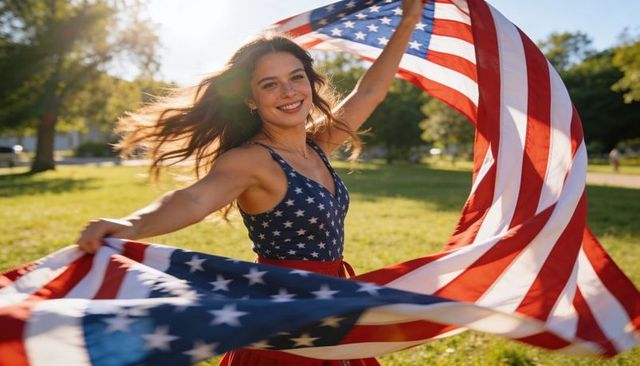 Sunlit woman twirling american flag in park celebrating fourth of july freedom and joy
