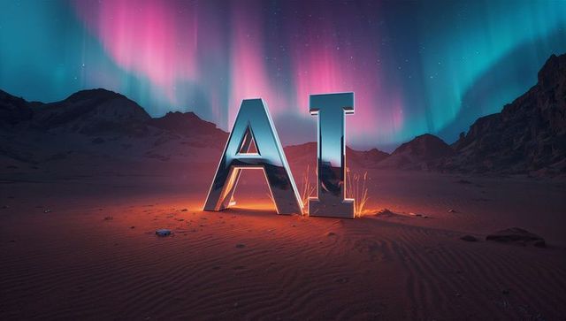 Glowing metal ai letters emitting sparks on rippled desert sand under teal pink aurora