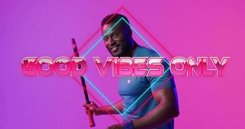 Neon good vibes only athlete holding bat in teal shirt with vivid cyan magenta gradient
