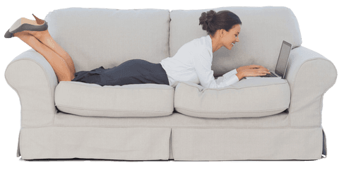Transparent-cut businesswoman relaxing on couch with laptop