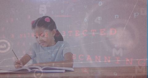 Young Girl Learning Amidst Digital Data Overlay