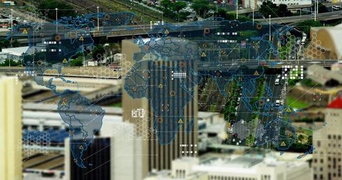 Global network map overlaying urban skyline for smart city data visualization and analytics
