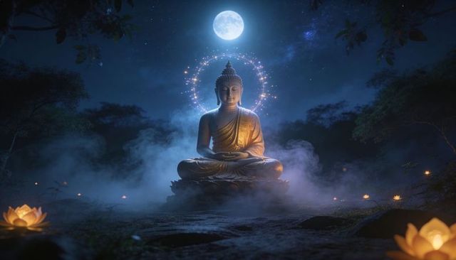Golden buddha meditating under moonlight with glowing halo and lotus lanterns