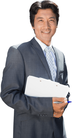 Transparent Smiling Businessman Holding Clipboard Outdoors