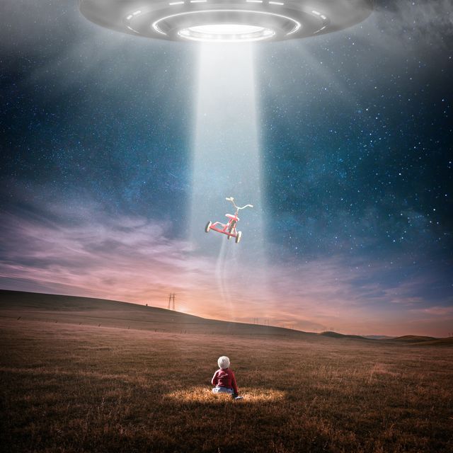 Child Witnessing UFO Abduction of Toy Tricycle in Field at Dusk - Download Free Stock Photos Pikwizard.com