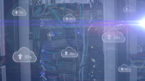 Digital Data Icons Over Animated Server Room Interface