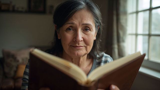 Senior woman reading hardcover book by window, cozy home portrait in soft daylight