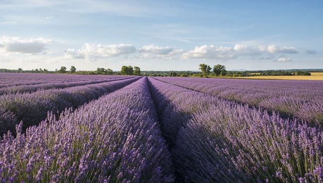 Endless lavender rows stretching to horizon at golden hour, rural countryside landscape