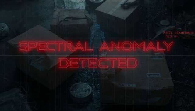 Spectral anomaly detected neon alert displaying holographic humanoid over storage boxes
