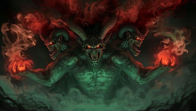 Three-headed demon wielding fiery orbs surrounded by mystical green mist