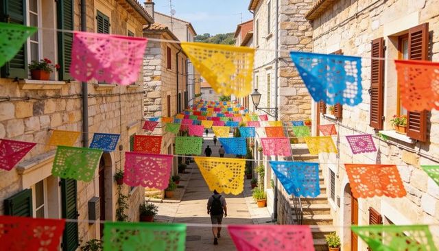 Colorful papel picado banners draping sunlit stone alley with tourists walking below