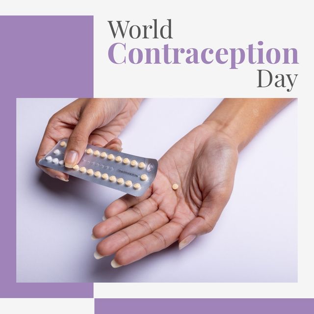 Composite of cropped hands of african american woman holding pills and world contraception day text. Copy space, medicine, pregnancy, birth control, awareness, healthcare, campaign and prevention.