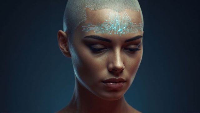 Futuristic shaved-head cyborg with glowing cyan neural circuit forehead, tech portrait