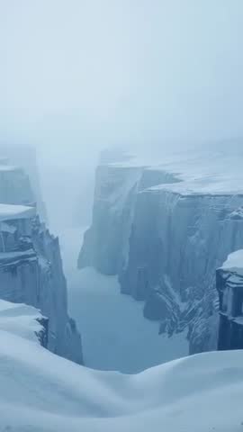 Vertical video capturing misty glacial canyon with towering icy cliffs and snowdrift