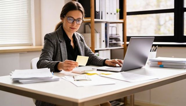 Businesswoman reviewing papers and working on laptop, organizing finances at desk
