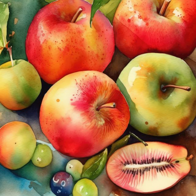 Watercolour with close up of apples and sliced fruit, created using generative ai technology. Watercolour, fruit and still life painting concept digitally generated image.