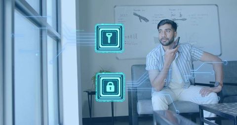 Businessman using smartphone with futuristic digital technology icons