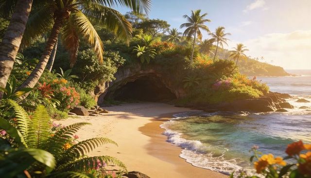 Sunlit tropical beach cove with palms, turquoise water, lush ferns and hidden sea cave