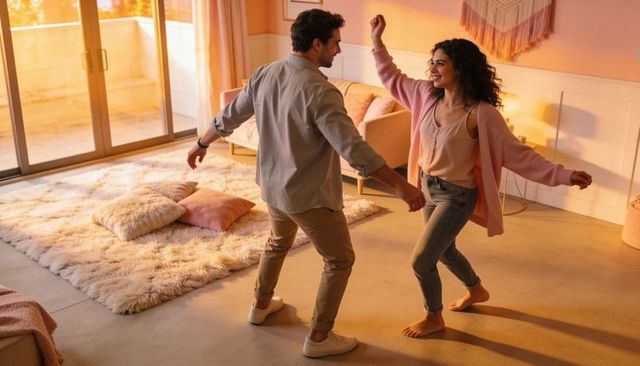 Sunlit couple dancing in cozy bohemian living room, romantic sunset at-home moment