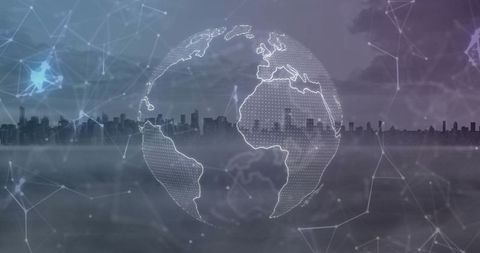 Digital Globe with Networks Against City Twilight Skyline